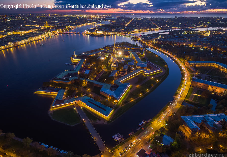 Aerial View, City, Downtown, Metropolis, Urban, Night, Outdoors