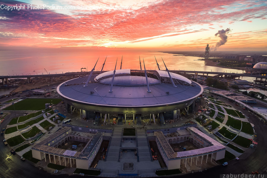 Arena, Intersection, Road, Stadium, City, Downtown, Dusk