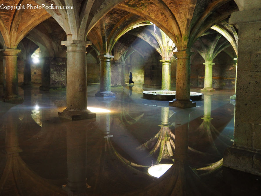 Crypt, Aisle, Corridor, Column, Pillar, Pavement, Dining Table