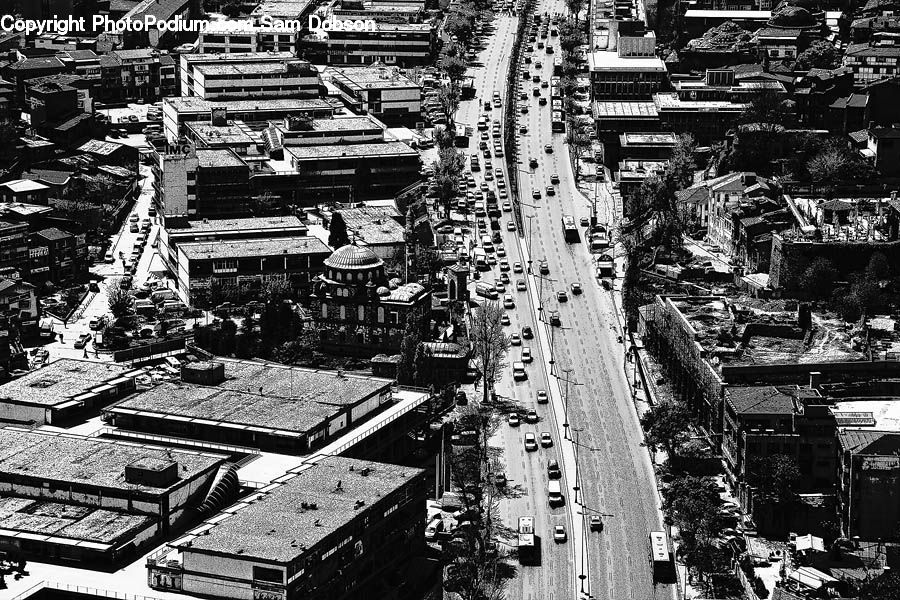 Aerial View, City, Downtown, Urban, Freeway, Road, Apartment Building