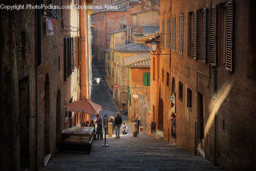 Umbrella, Alley, Alleyway, Road, Street, Town, People