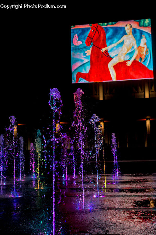 Fountain, Water, Ice, Outdoors, Snow, Lighting, Night