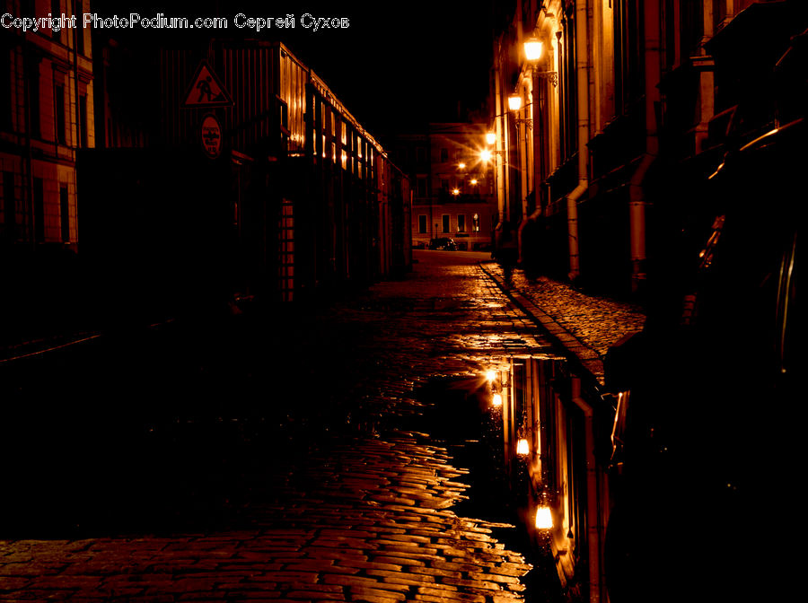 Alley, Alleyway, Road, Street, Town, Night, Outdoors
