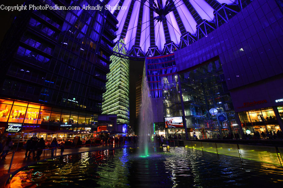 Fountain, Water, City, Downtown, Lighting, Night, Outdoors