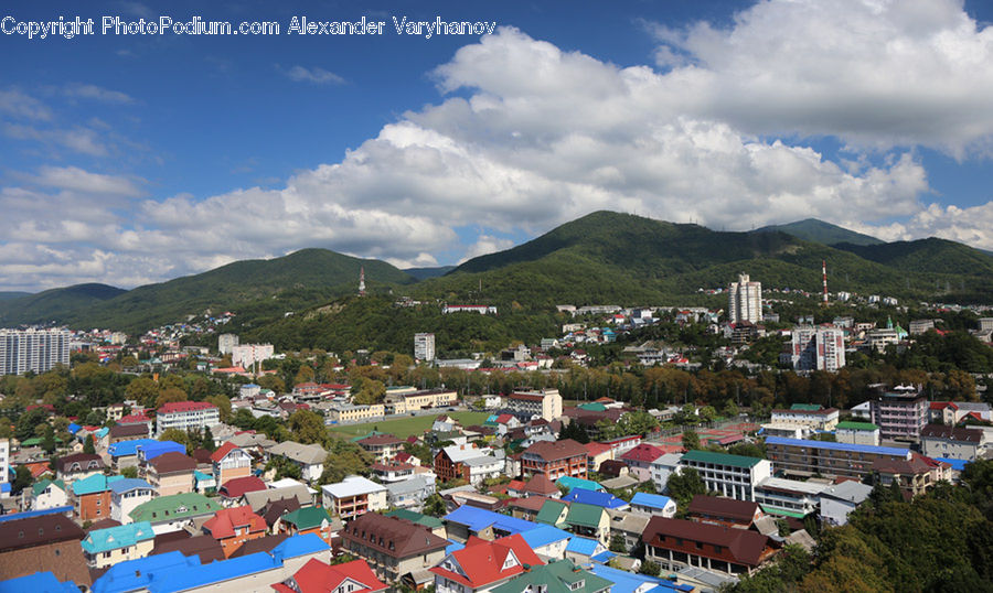 Building, Downtown, Town, Cloud, Cumulus, Sky, Aerial View