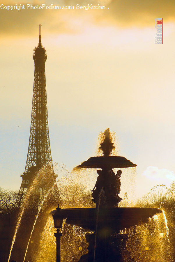 Fountain, Water, Architecture, Bell Tower, Clock Tower, Tower, Dawn