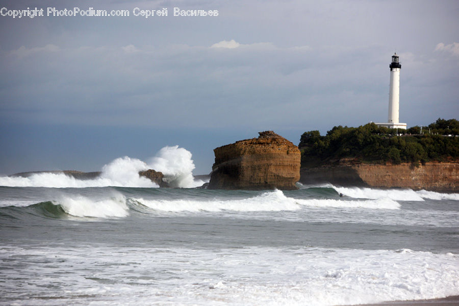 Outdoors, Sea, Sea Waves, Water, Cliff, Coast, Beacon