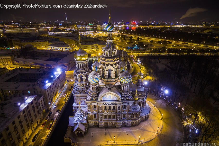 City, Downtown, Night, Outdoors, Architecture, Tower, Cathedral