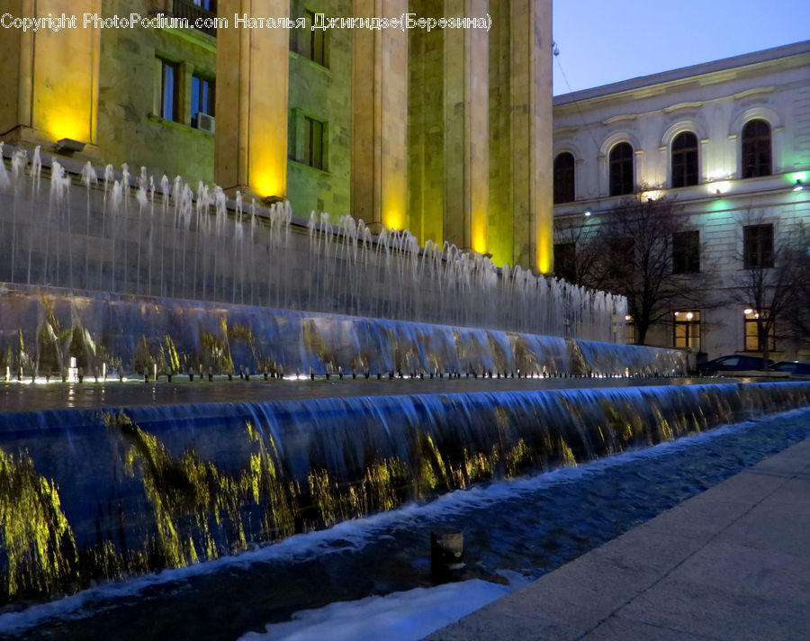 Fountain, Water, City, Downtown, Building, Urban, Conifer