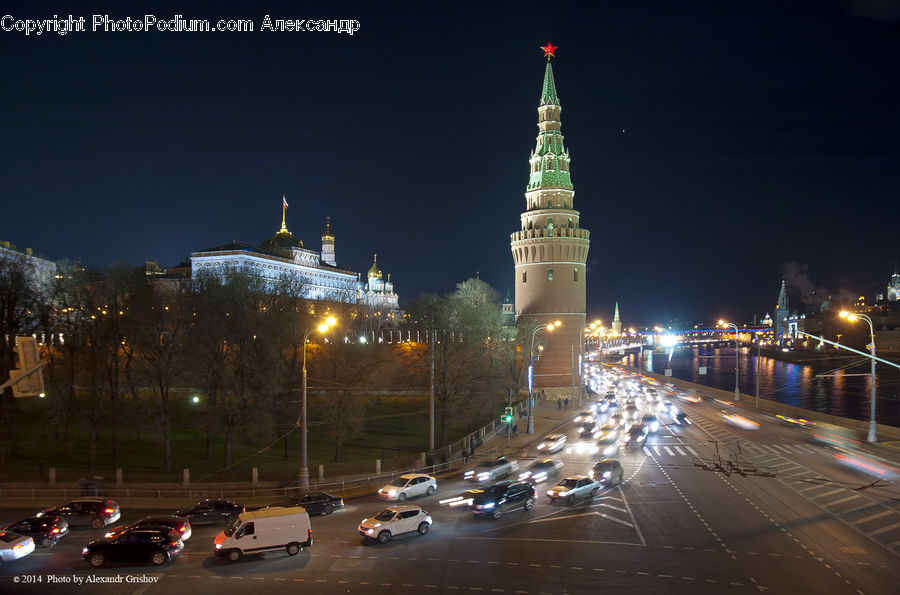 City, Downtown, Intersection, Road, Architecture, Bell Tower, Clock Tower