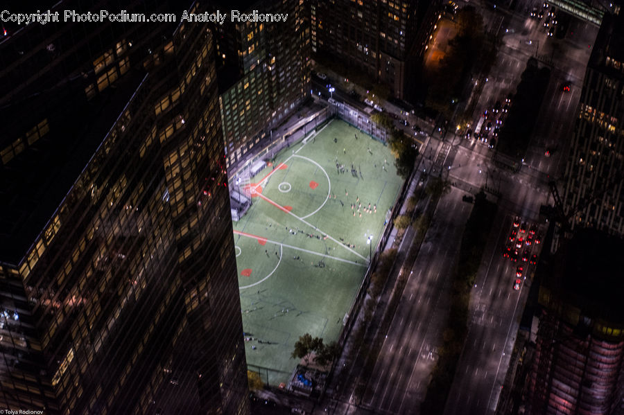 City, Downtown, Building, High Rise, Intersection, Road, Night