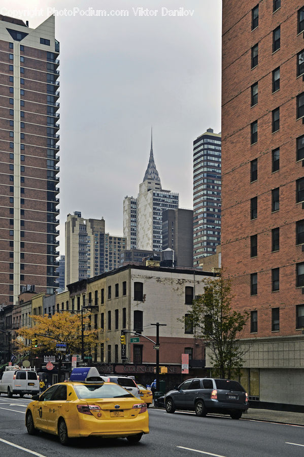 Architecture, City, Downtown, High Rise, Skyscraper, Cab, Car