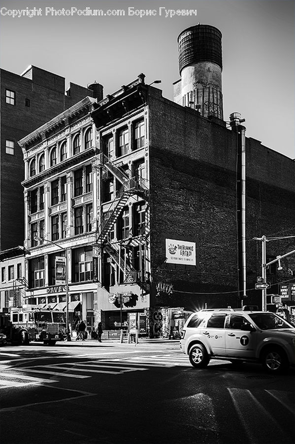 Car, Suv, Vehicle, Intersection, Road, Water Tower, Automobile