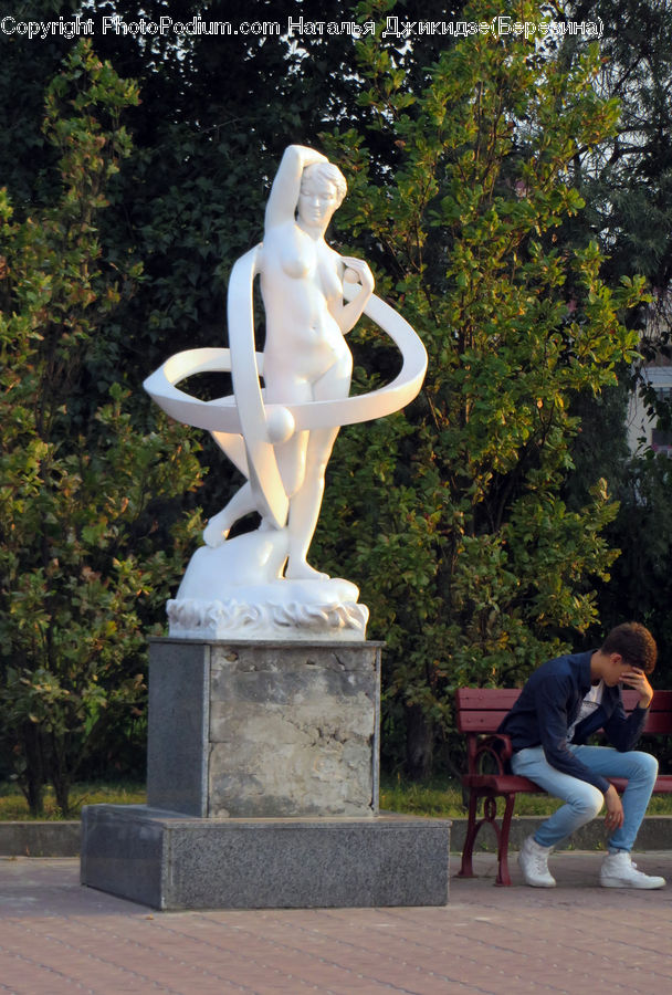 People, Person, Human, Bench, Plant, Potted Plant, Art