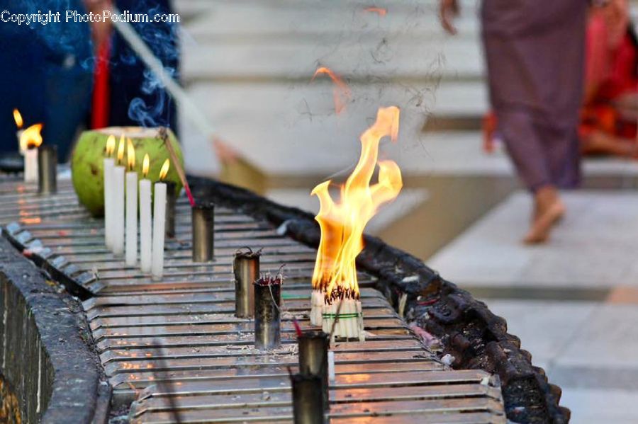 People, Person, Human, Fire, Flame, Candle, Footwear