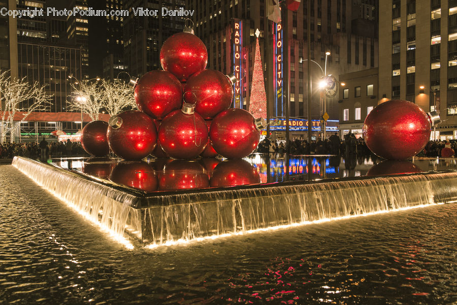 Apple, Fruit, Ball, Sphere, Fountain, Water, City