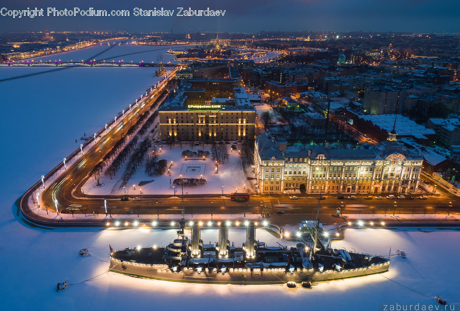 Aerial View, City, Downtown, Intersection, Road, Architecture, Plaza