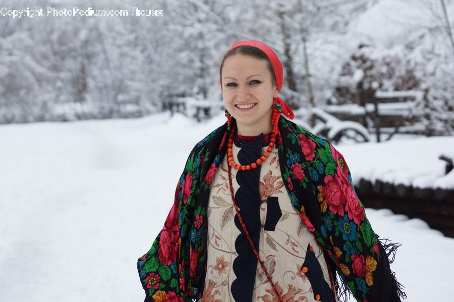 People, Person, Human, Clothing, Scarf, Dress, Face