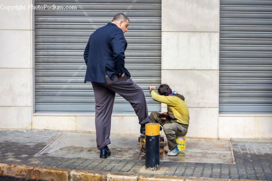 Human, People, Person, Bucket, Pavement, Cobblestone, Walkway