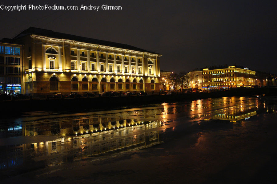 Architecture, Convention Center, Night, Outdoors, Building, Canal, River