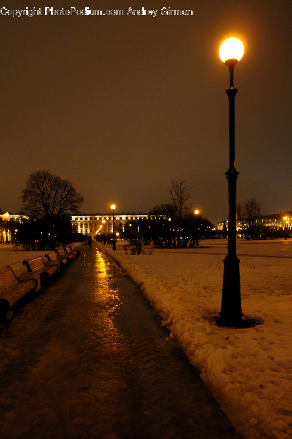 Lamp Post, Pole, Bench, Boardwalk, Path, Pavement, Sidewalk