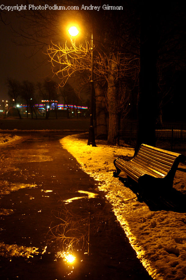 Bench, Lamp Post, Pole, Landscape, Nature, Scenery, City