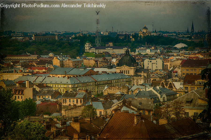 Aerial View, Roof, Building, Downtown, Town, City, Architecture
