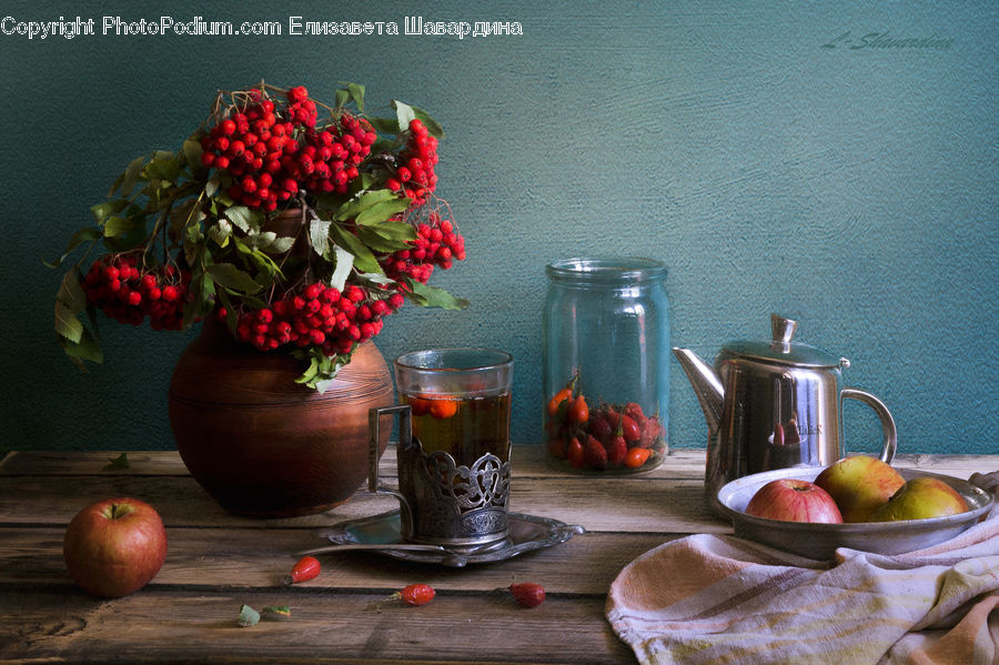 Apple, Fruit, Plant, Potted Plant, Glass, Goblet, Floral Design