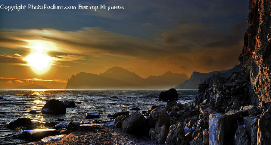 Rock, Coast, Outdoors, Sea, Water, Dawn, Dusk