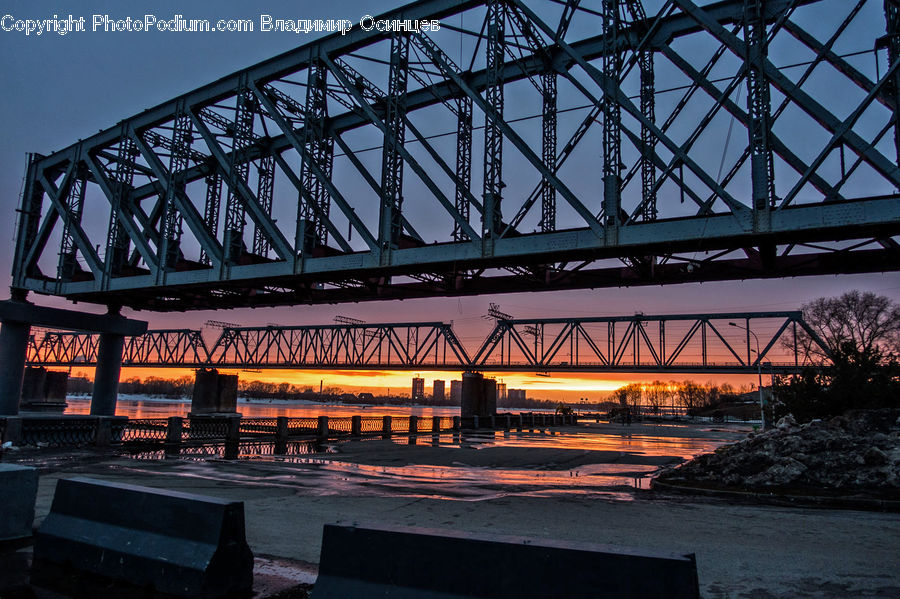 Freeway, Overpass, Bridge, City, Downtown, Dawn, Dusk