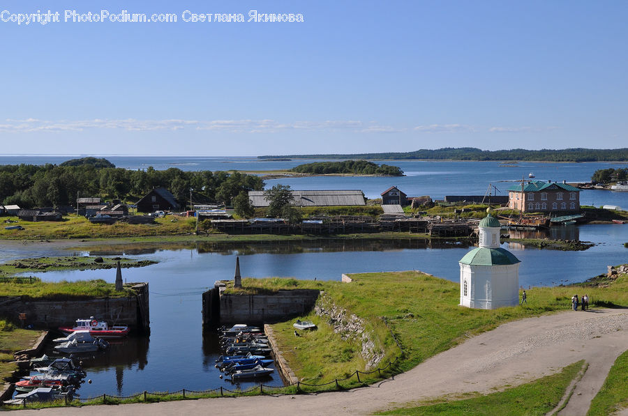 Boat, Watercraft, Golf Course, Grassland, Dock, Landing, Pier