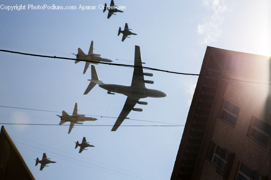 Aircraft, Airplane, Bomber, Warplane, Architecture, City, Downtown