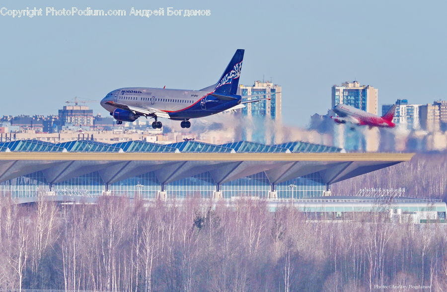 Aircraft, Airplane, Smoke, Architecture, Convention Center, City, Downtown