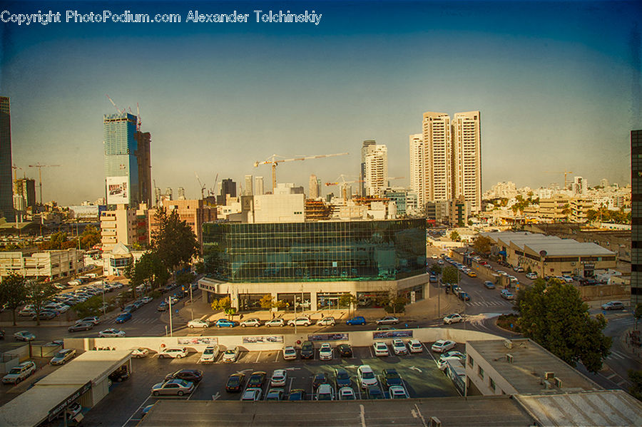 City, Downtown, Metropolis, Urban, Constriction Crane, Asphalt, Tarmac