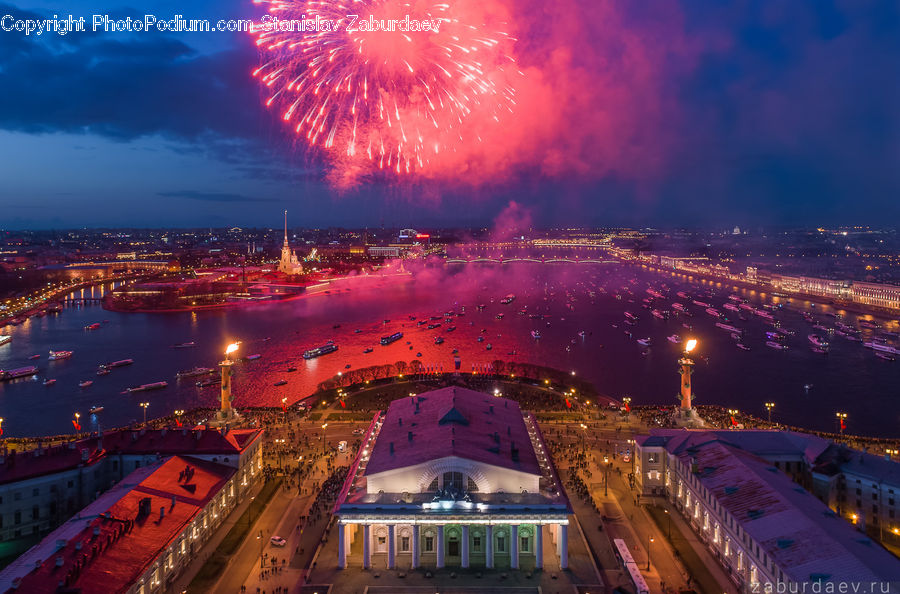Fireworks, Night, City, Downtown, Architecture, Tower, Metropolis