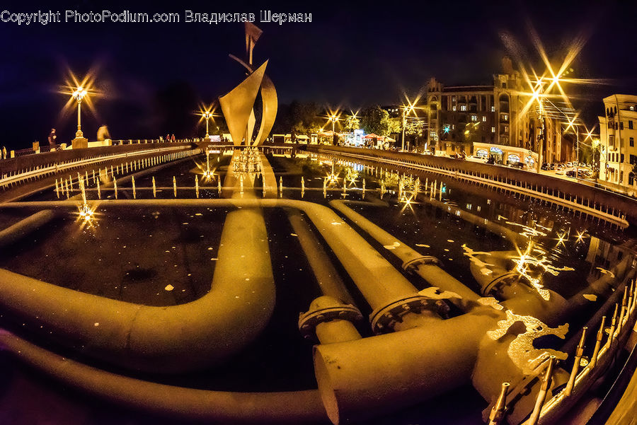 Bridge, Fountain, Water, Factory, City, Downtown, Metropolis