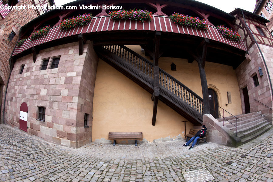 Patio, Cobblestone, Pavement, Walkway, Roof, Tile Roof, Building