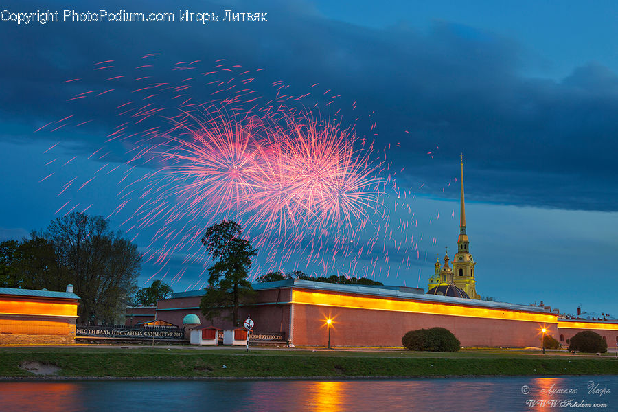Bench, Fireworks, Night, Architecture, Church, Worship, Plant