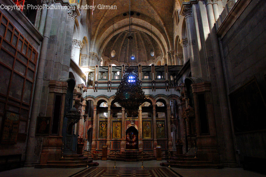 Aisle, Corridor, Chandelier, Lamp, Architecture, Church, Worship