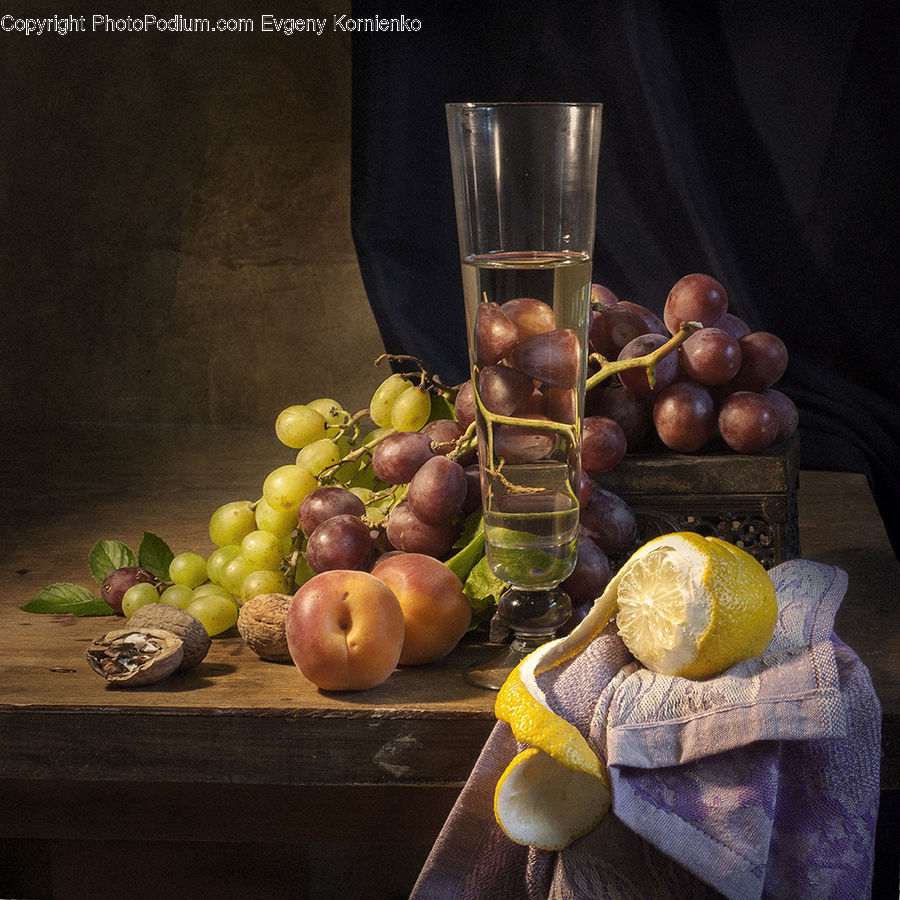 Fruit, Plum, Grapes, Citrus Fruit, Grapefruit, Glass, Goblet