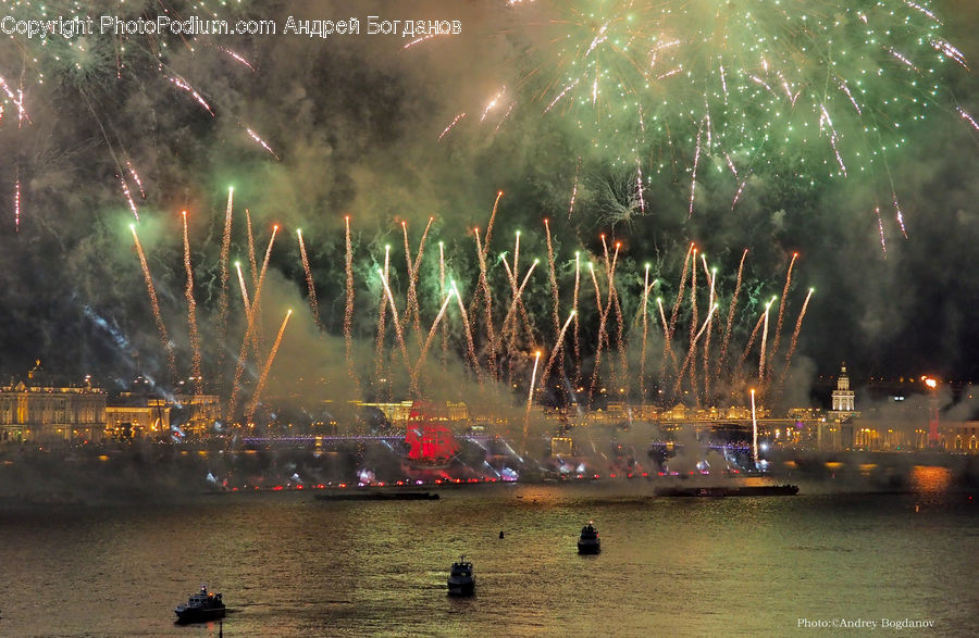 Fireworks, Night, Outdoors, City, Downtown, Fountain, Water
