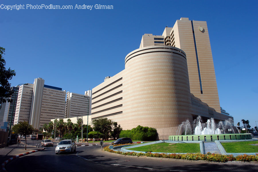 Fountain, Water, Building, City, High Rise, Office Building, Housing