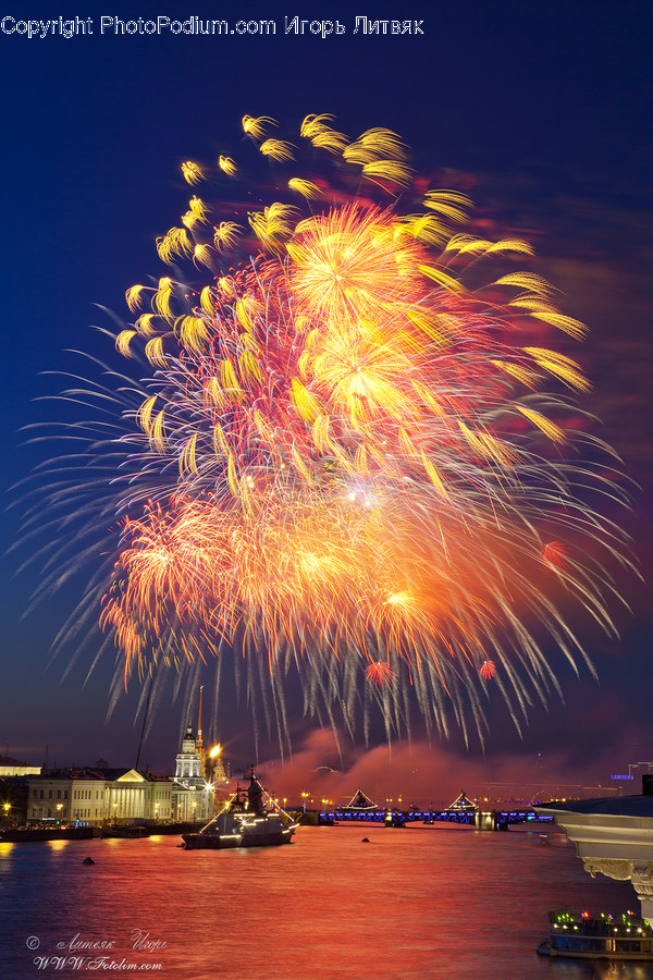 Fireworks, Night, Ship, Vessel, Cruise Ship, Ocean Liner, Harbor