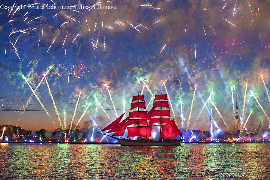 Fountain, Water, Fireworks, Night, Boat