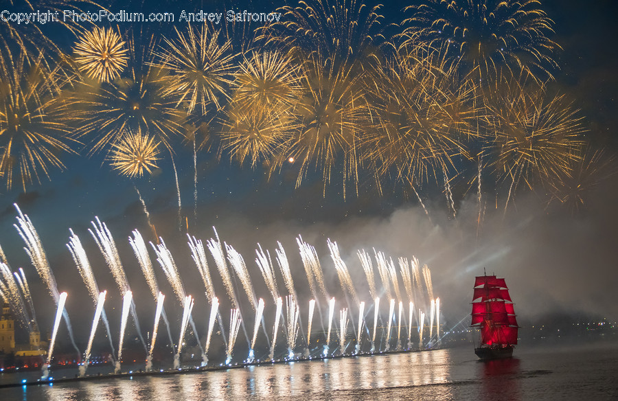 Fireworks, Night, Outdoors, Sea, Water
