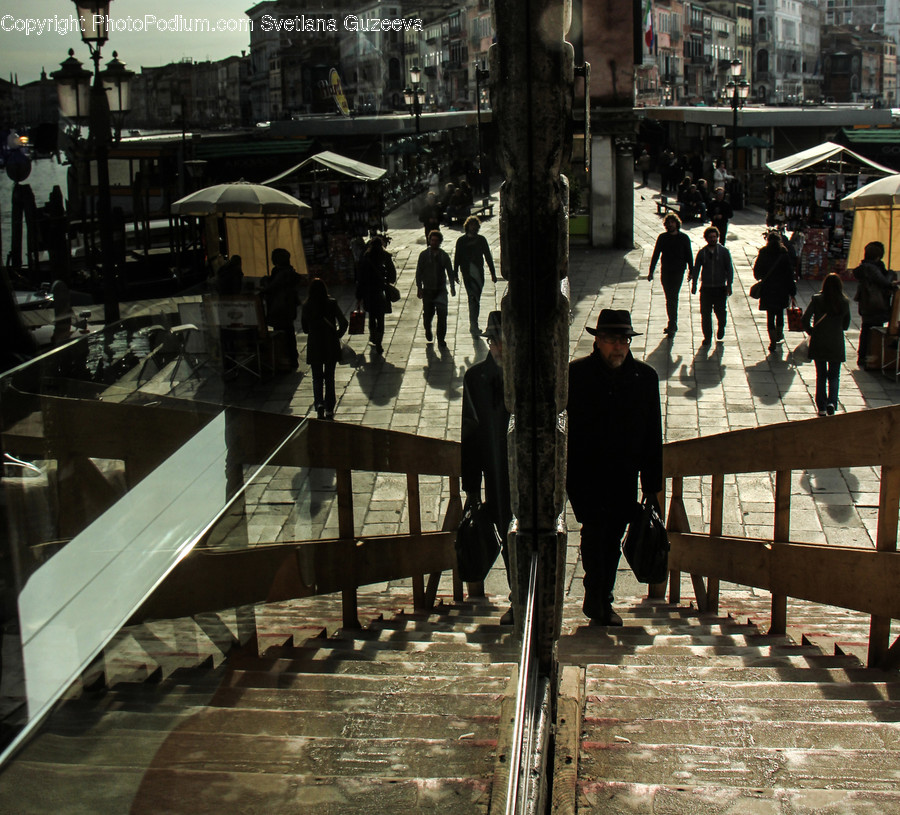 Bench, Pedestrian, Person, Silhouette, City