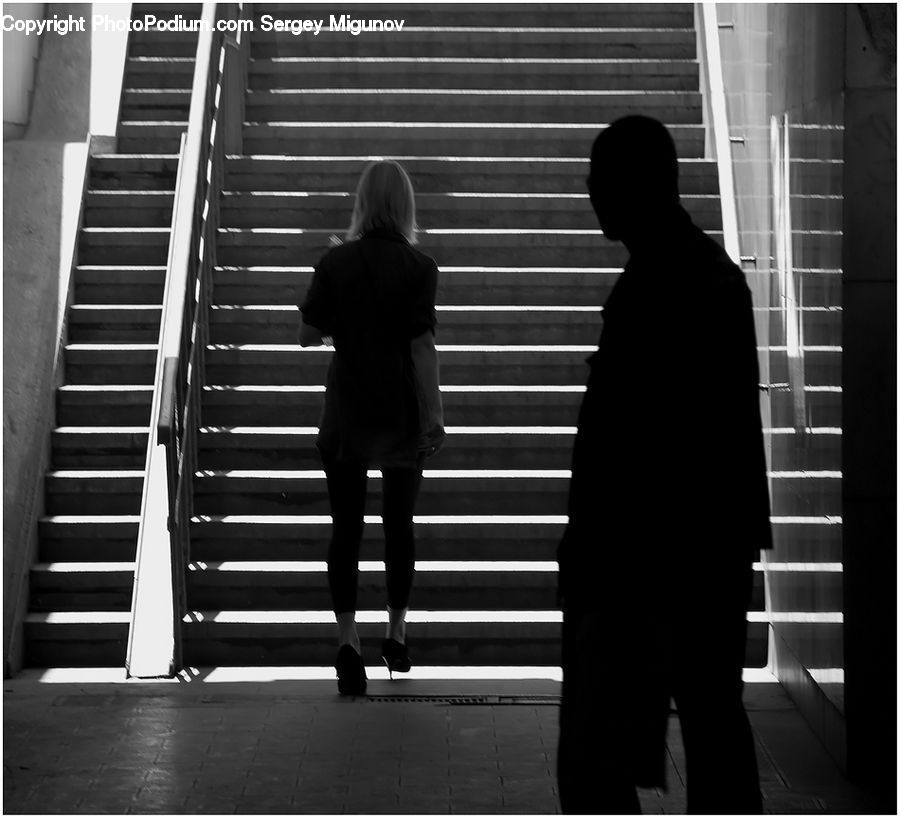 People, Person, Human, Silhouette, Banister, Handrail, Staircase