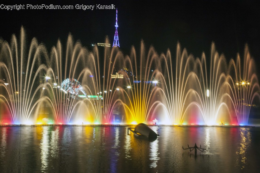 Fountain, Water, Fireworks, Night
