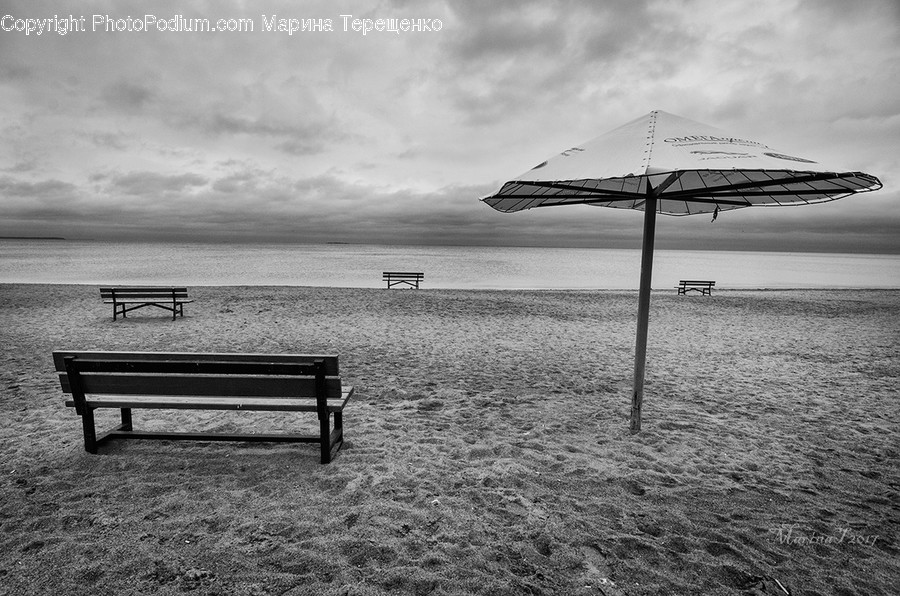 Bench, Umbrella, Beach, Coast, Outdoors
