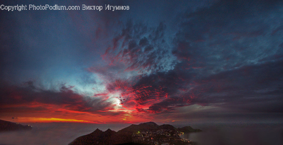 Eruption, Volcano, Dawn, Dusk, Red Sky